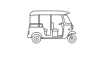 Fototapeta premium Vector Icon of Traditional Tuk Tuk Auto Rickshaw Transportation Vehicle in Minimalist Line Art Style, Hand-Drawn Outline Illustration for Travel and Transport Design Projects and Urban Mobility