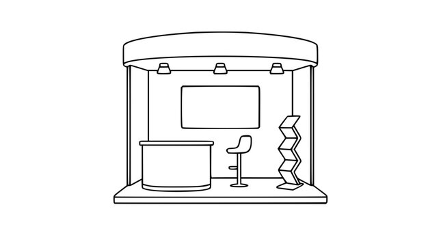 Minimalist hand-drawn vector icon illustration of a modern exhibition stand booth featuring a curved reception counter, sleek bar stool, zigzag brochure rack and wall-mounted screen, perfect for
