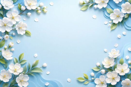 White spring flowers and green leaves creating a floral border an elegant light blue background