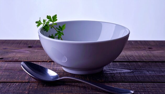 empty white bowl with parsley and spoon on dark wooden table