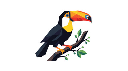 Obraz premium Colorful toucan perched on branch with green leaves, vibrant tropical bird illustration