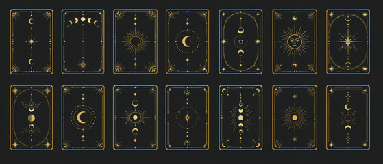 Celestial boho gold frames collection, dividers. Esoteric deco border. Elegant thin lines, moon crescent, sun, stars decorations. Tarot card template, occult design set