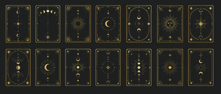Celestial boho gold frames collection, dividers. Esoteric deco border. Elegant thin lines, moon crescent, sun, stars decorations. Tarot card template, occult design set
