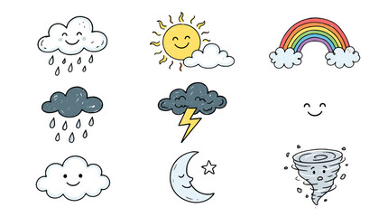 Obraz premium Collection of handdrawn weather icons including sun rain cloud thunderstorm and rainbow