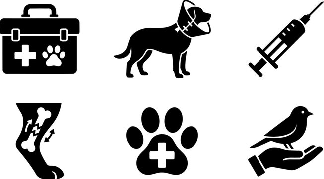 Veterinary Medicine and Animal Care Silhouette Icon Set Featuring Medical Kit, Injured Dog, Syringe, Broken Bone Xray, and Paw Print Symbols