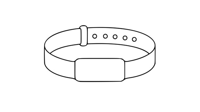Minimalist hand-drawn vector icon illustration of a simple wristband with adjustable strap and buckle, perfect for event access or fitness tracking, clean outline graphic.