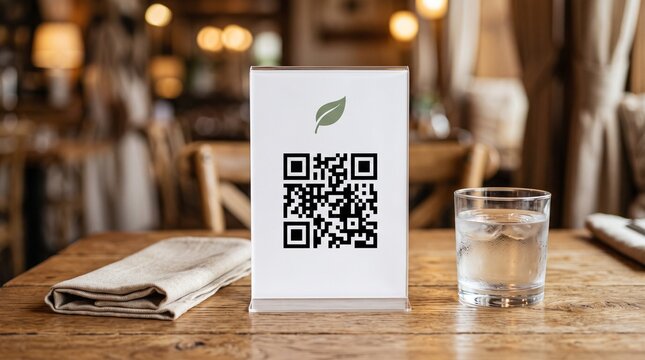 Modern caf&eacute; table with QR code menu and glass of water on wooden surface