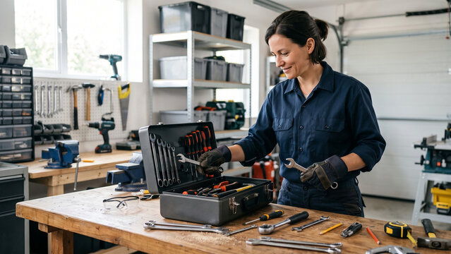 Mechanic woman selects a metal wrench from a black plastic toolbox while working inside a bright, organized workshop filled with various handheld professional maintenance equipment and tools.