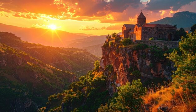 Ancient monastery perched precariously on a cliffside overlooking a vast mountain valley at sunset.