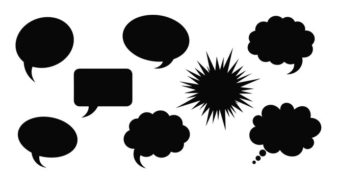Collection of Various Speech Bubbles and Thought Clouds in Black Silhouette.
