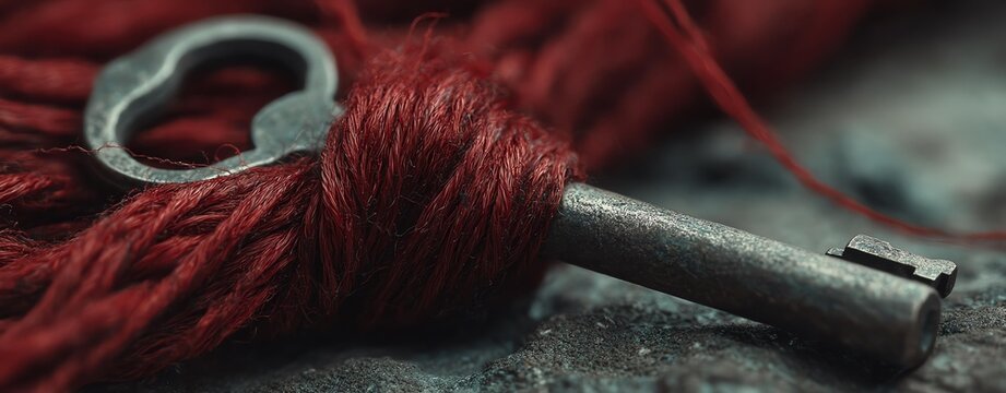 A rustic key entangled in red thread on a textured surface symbolizes connection and mystery.