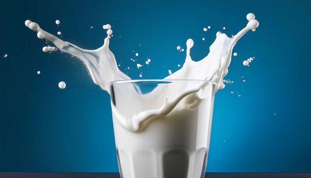 a glass of fresh cow milk with a splash on an isolated background