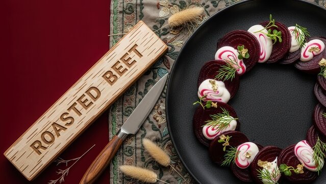 Macro detail of roasted beet slices and sour cream gel with micro-dill and edible gold, featuring a carved birch wood plaque, traditional silk textile, a wooden knife, and steppe grass 