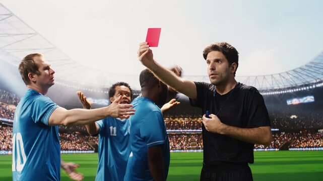 Red card held by football referee with players protesting dismissal decision, unsportsmanlike conduct and controversy, dramatic scene during soccer game, footballer sent off.