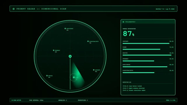 A detailed prompt optimization interface shows dynamic scan patterns and increasing data bars on a dark screen to visualize complex algorithmic tuning and system performance