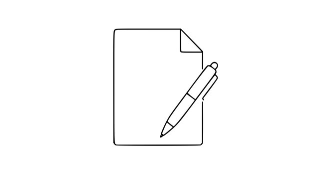 A minimalist line vector icon illustration of a blank sheet of paper with a folded corner and a ballpoint pen, representing writing, editing, contracts, documents, paperwork, and office supplies.