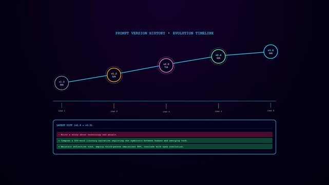 An animated digital prompt optimization interface displays a progressive timeline tracking version history edits and text changes on a dark software screen.