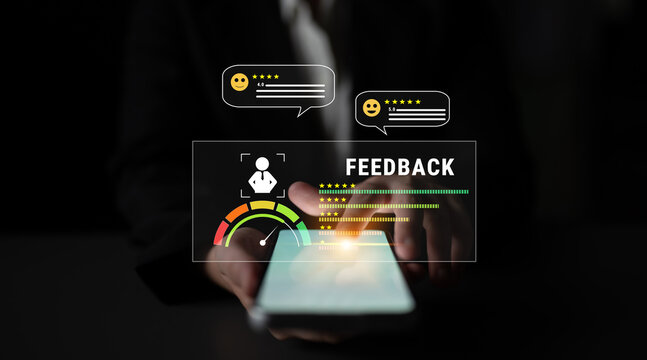 A system for collecting customer feedback and measuring service quality. A dashboard with user reviews, ratings, and a satisfaction meter. Motif