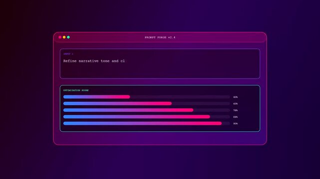 An innovative prompt optimization interface animates text input while colorful metric bars expand to visualize real time artificial intelligence performance on a dark display.