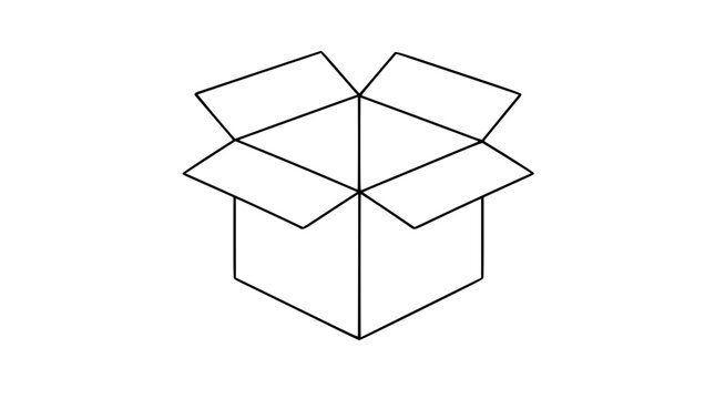Open cardboard box vector icon with flaps spread wide. Hand-drawn line illustration of unboxing, delivery, and packaging symbol for logistics and shipping design.