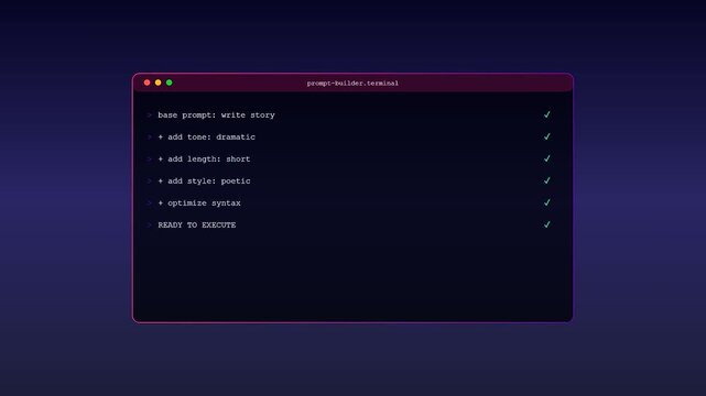 This Prompt Optimization Interface dynamically executes code commands on a dark terminal screen to build and refine an artificial intelligence writing instruction.