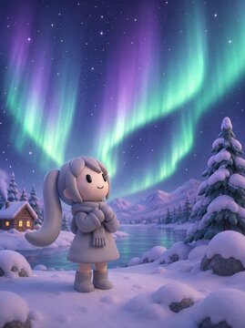Cute 3D Clay Girl Watching the Northern Lights in a Peaceful Winter Wonderland