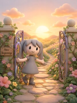 Cute 3D Clay Girl Walking Through Garden Gate Toward Bright New Beginnings