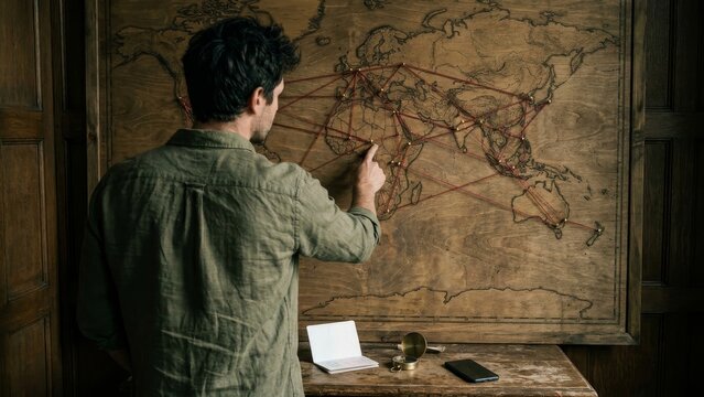 Investigation - European Man Pointing at World Map with Red String Connections in Dimly Lit Study Room