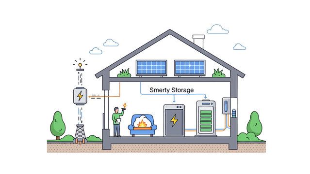 Smart Home Solar Energy Storage System with Battery Backup and Grid Connection Illustration