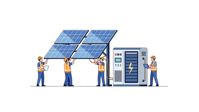 Solar Panel Installation and Battery Storage System with Engineering Team Vector Illustration. Renewable Energy Infrastructure and Sustainable Power Maintenance Concept.