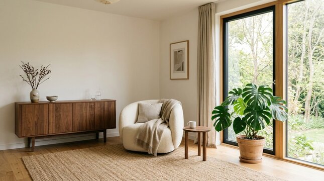 Minimalist Scandinavian living room interior featuring a curved cream boucl&eacute; armchair, a sleek walnut sideboard, a natural jute rug, a potted monstera plant, and large windows with a lush garden view.