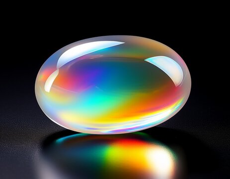 luminous oval white opal gemstone with vibrant rainbow play of color against black background