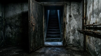 Fototapeta premium Dark and eerie basement with open door leading to a staircase