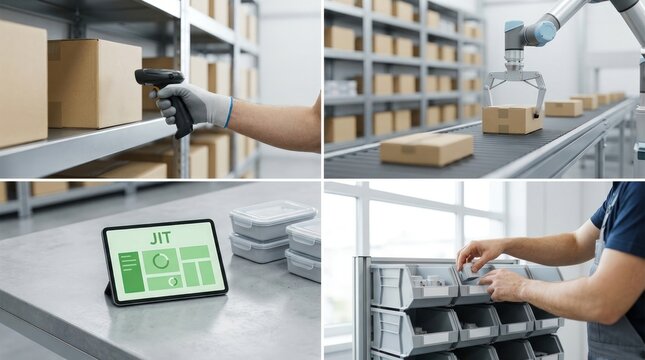 Implementing jit logistics with modern warehouse automation technology for efficient inventory, collage