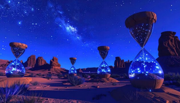 Glowing hourglasses in desert landscape at night.
