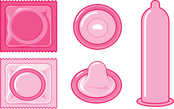 Pink Condom Vector Illustration Set Including Packaged, Rolled, and Unrolled Latex Condoms for Safe Sex Awareness, Contraception Education, Sexual Health, and Reproductive Rights Campaigns.