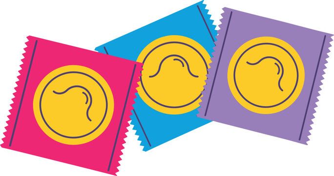 Colorful Condom Packets Vector Illustration for Safe Sex Awareness, Sexual Health Education, Contraception, Birth Control, and Wellness Promotion in Minimalist Flat Design Style.