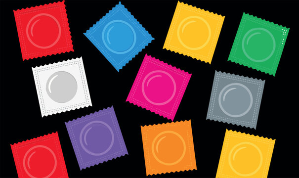 Colorful Condom Wrappers in Various Colors on Black Background, Concept of Safe Sex, Protection and Birth Control. High Quality Vector Illustration for Sexual Health Awareness.