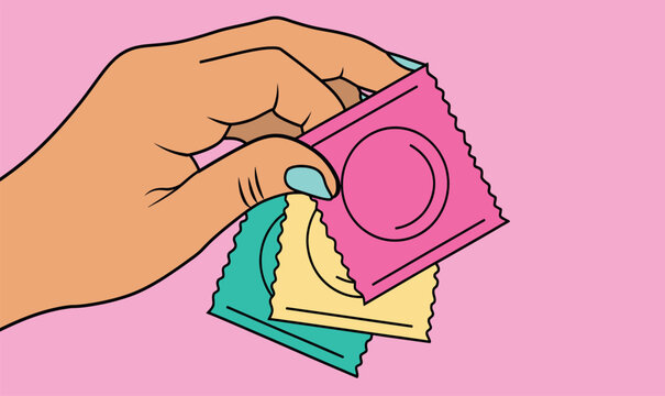 Hand Holding Colorful Condom Wrappers for Safe Sex Awareness, Sexual Health Education and Contraception Concept Vector Illustration in Pop Art Style Isolated on Pink Background
