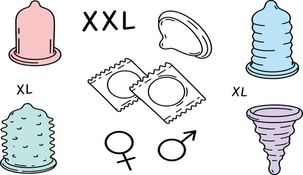 Collection of Contraception and Sexual Health Icons including Ribbed and Dotted Condoms, Menstrual Cup, XL XXL Sizes, Male and Female Symbols for Safe Sex and Reproductive Health Awareness
