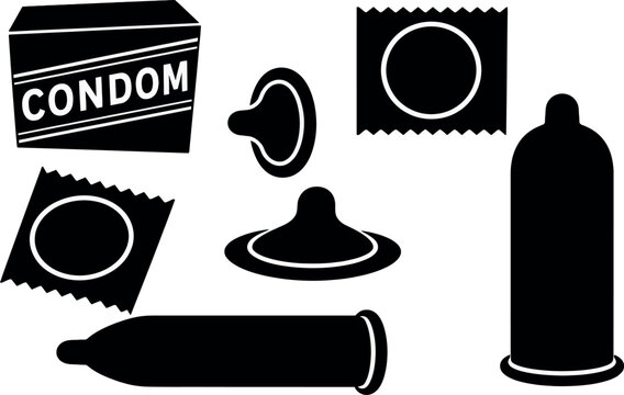 Black and White Condom Vector Icon Set for Sexual Health and Contraception Awareness. Includes Box, Wrappers, Rolled and Unrolled Condoms for Safe Sex Promotion and Medical Education.