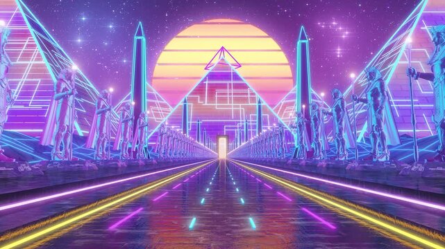 Synthwave Outrun Neon Highway Loop with Pharaoh Guardians Futuristic Egyptian Pyramid 4K
