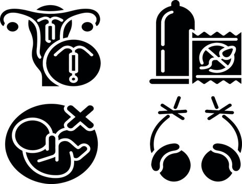 Comprehensive Set of Contraception and Birth Control Vector Icons Featuring IUD, Condom, Tubal Ligation, and Pregnancy Prevention Symbols for Reproductive Health and Family Planning Services.