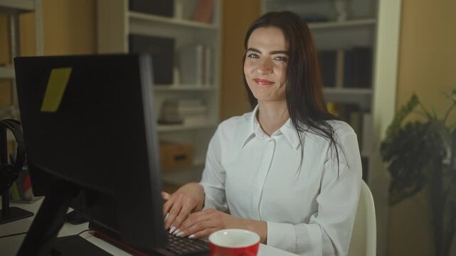 Woman rests chin on hand at computer in office building, smiling at screen during night shift among bookshelves and a plant; calm focus.