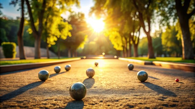 A serene bocce ball court unfolds under warm sunlight balls in gentle motion trees softly blurred in the distance