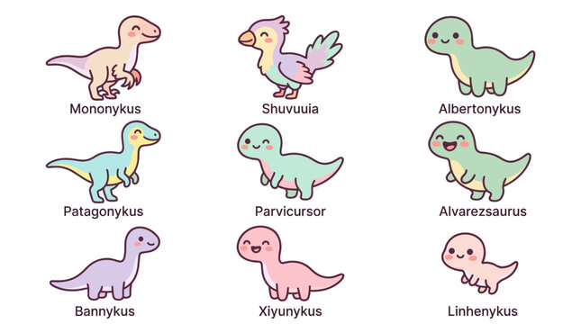 Group of cute bird-like cartoon dinosaur icons.