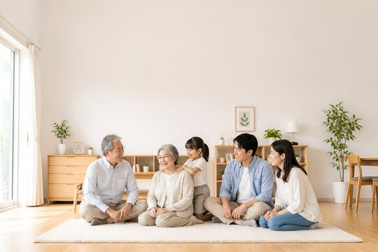 祖母の肩たたきをする孫を家族で見守る日本人三世代家族 心温まる団らんのひととき（AI生成）