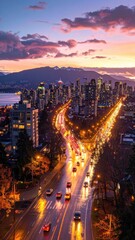 Obraz premium A breathtaking aerial view captures a vibrant city skyline illuminated by the warm glow of streetlights and the soft hues of a sunset.