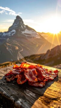 Crispy bacon with a scenic mountain backdrop at sunrise.