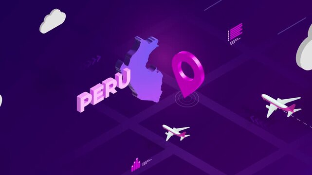 Isometric Design, Peru Map Silhouette Location Pin and Airplanes on Purple Animation, Travel Background